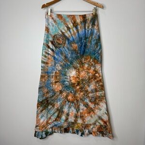 Vintage Handmade Blue Orange Tie Dye Rosette Fit and Flare Boho Midi Skirt